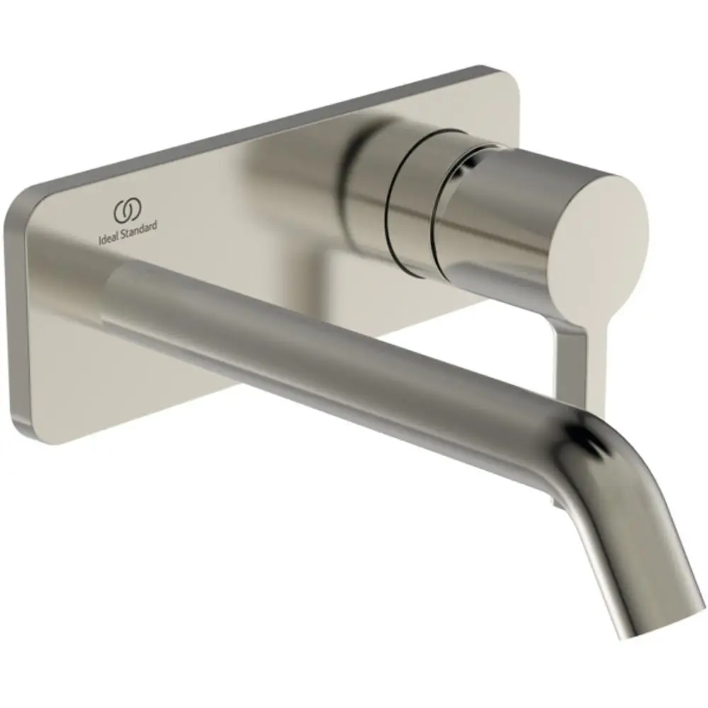 Wand-Waschtischarmatur mit eckiger Rosette und gerader Auslauf, montiert an einer Wand. Produkt von Ideal Standard in einem neutralen Design.